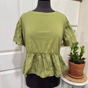 Anthropologie Olive Green Ruffle Babydoll Short Sleeve Top - Women